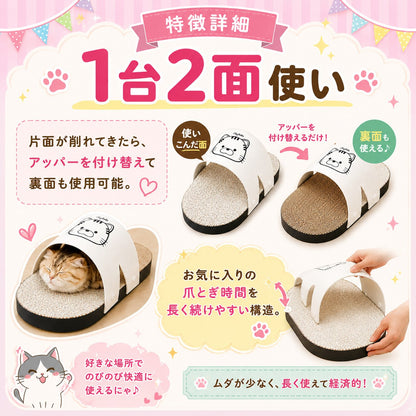 特徴詳細「1台2面使い」。片面が削れたらアッパーを付け替えて裏面も使用可能と説明、付け替え前後の比較写真と手でアッパーをめくる様子