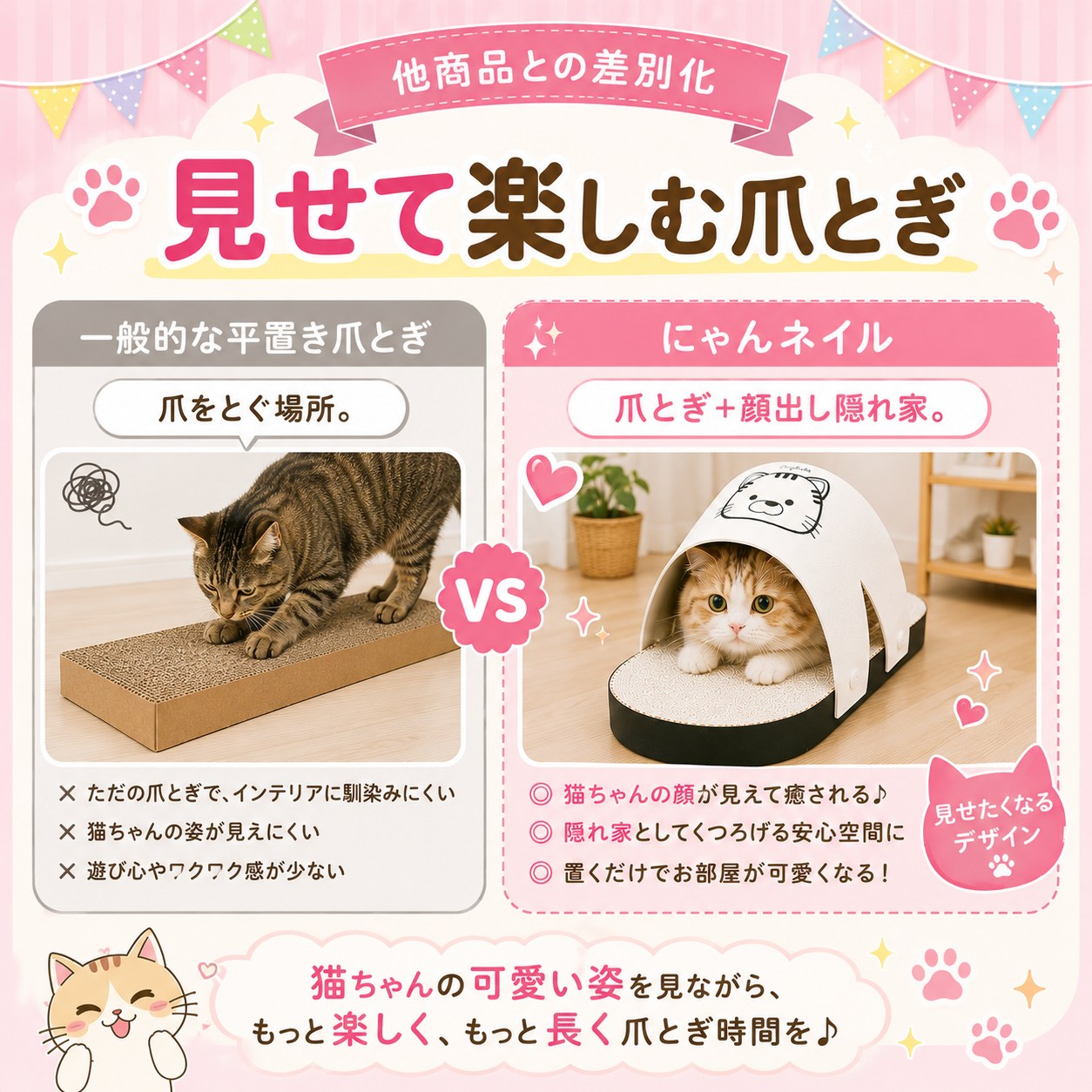 他商品との差別化比較表。一般的な平置き爪とぎ（猫の姿が見えにくい・インテリアに馴染みにくい）とにゃんネイル（顔が見えて癒される・隠れ家になる・置くだけで可愛い）をVS形式で対比