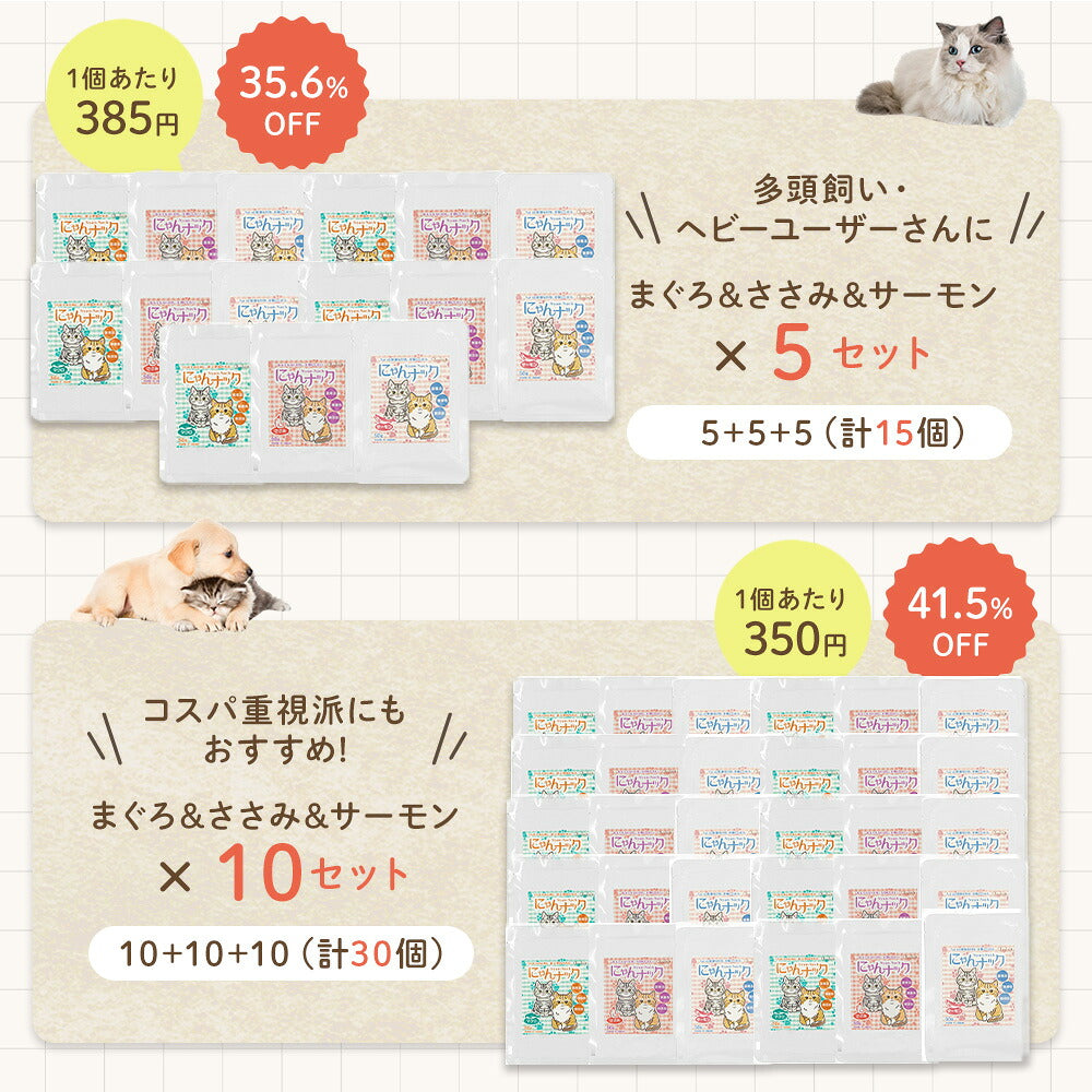 セットバリエーション表の続き。×5セット計15個は1個385円で35.6%OFF、×10セット計30個は1個350円で41.5%OFF、多頭飼い・コスパ重視派向け
