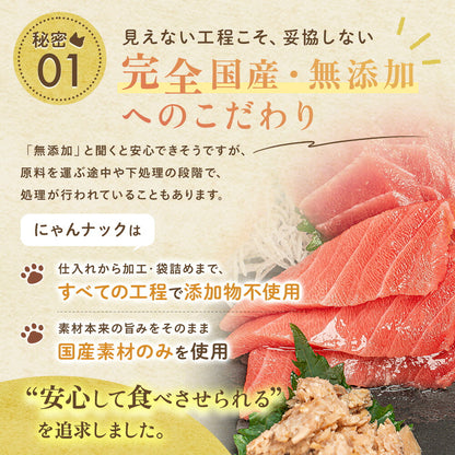 秘密01「完全国産・無添加へのこだわり」。仕入れから加工・袋詰めまで全工程で添加物不使用、国産素材のみ使用と説明。まぐろの切り身を背景に配置