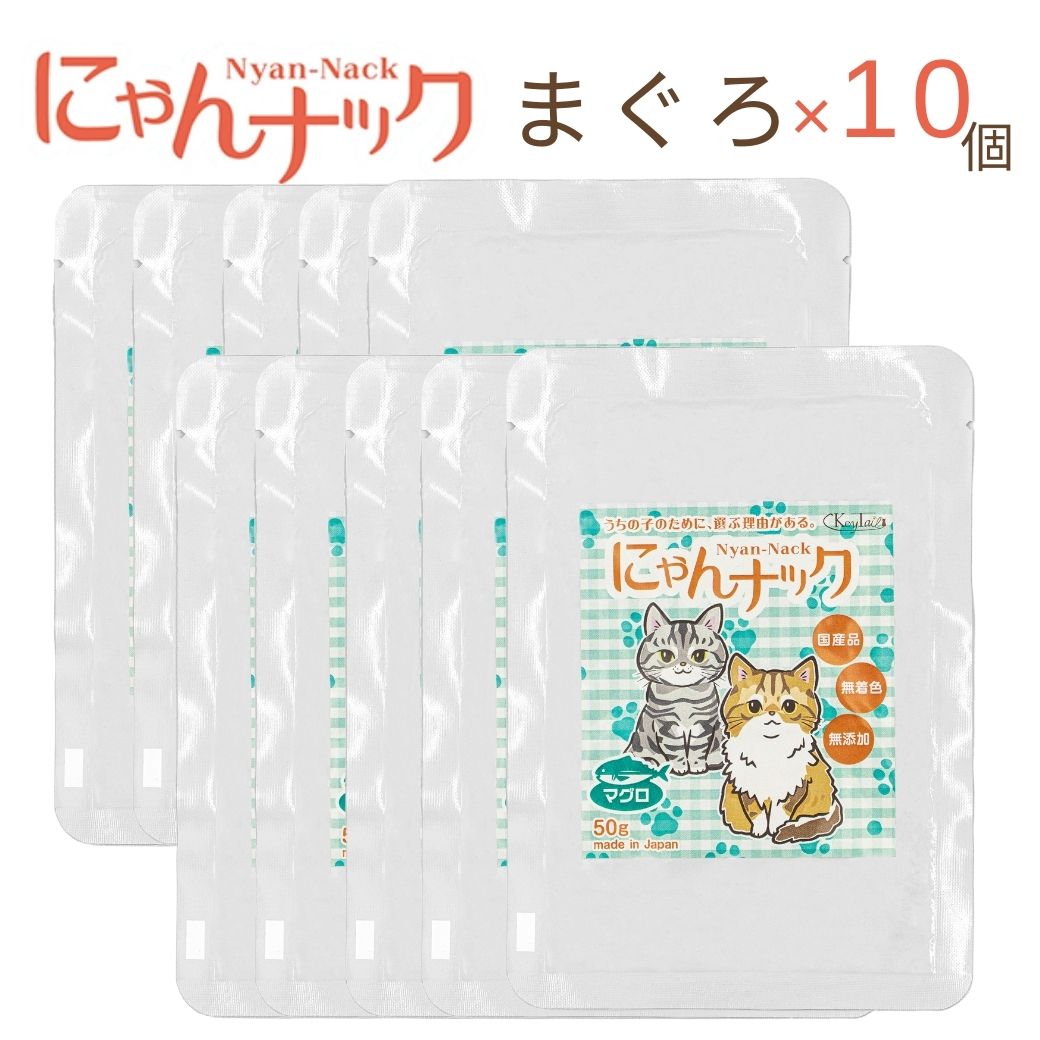 「今日も、明日も食べたい」「毎日に寄り添うおやつ」の見出し。ささみ・まぐろ・サーモンの3種を器に盛った写真と、猫用おやつにゃんナックのパッケージ、伏せる猫のイラスト。