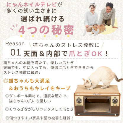 選ばれる4つの理由の1つ目。天面と内部の両方で爪とぎできる設計を紹介する見出しと、飼い主夫婦と猫の写真、天面に乗って爪をとぐ猫の写真