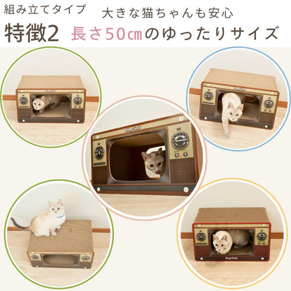 組み立てタイプの特徴2。長さ50cmのゆったりサイズで、大きな猫でも安心。中に入る猫や天面に座る猫を5枚の写真で紹介