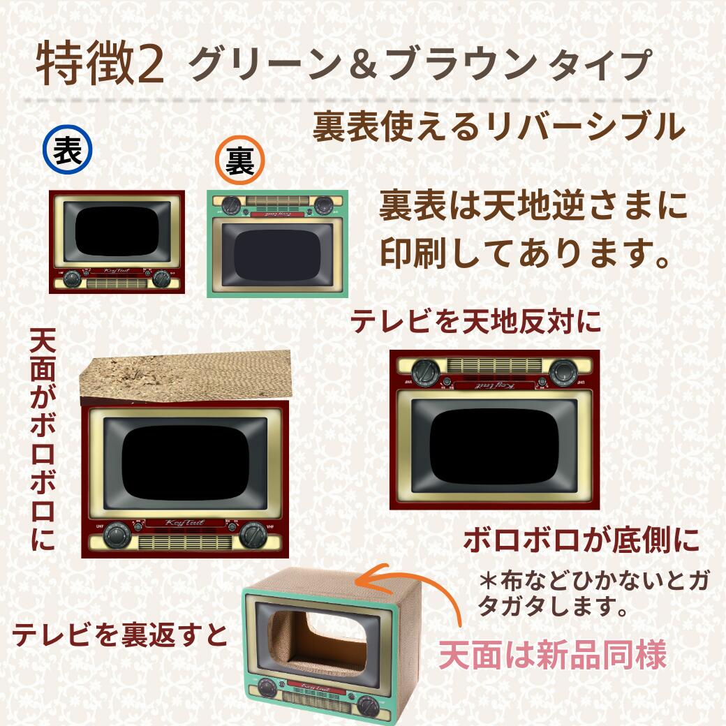 グリーン＆ブラウンタイプの特徴2。表と裏で天地逆さまに印刷されたリバーシブル構造の説明図。天面が傷んだら裏返して新品同様の面を使える
