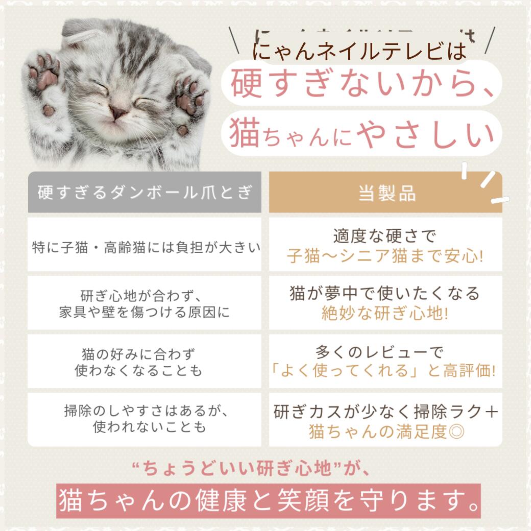 硬すぎるダンボール爪とぎとの比較表。当製品は適度な硬さで子猫からシニア猫まで安心、研ぎカスが少なく掃除が楽な点を紹介。眠る子猫の肉球写真つき
