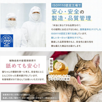 「昭和のリビングからタイムスリップ」の見出しとともに、ブラウンとレッドの2色のテレビ型爪とぎに乗る猫・中から出てくる猫。爪とぎ・隠れ家・リバーシブルの機能表示