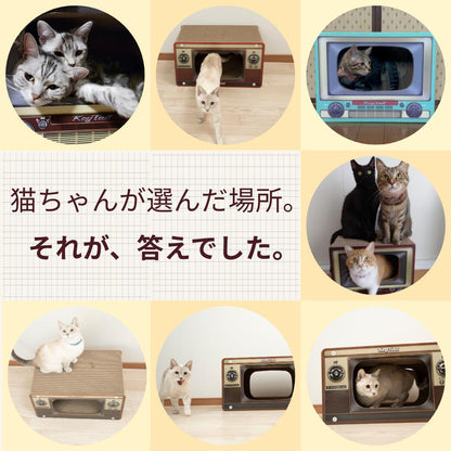 「その悩み、すべて解決」の見出し。テレビ型爪とぎ2色の写真とともに、くつろぎ空間・爪とぎと遊び場の一体化・和室洋室問わずインテリアに馴染む点をチェック項目で紹介
