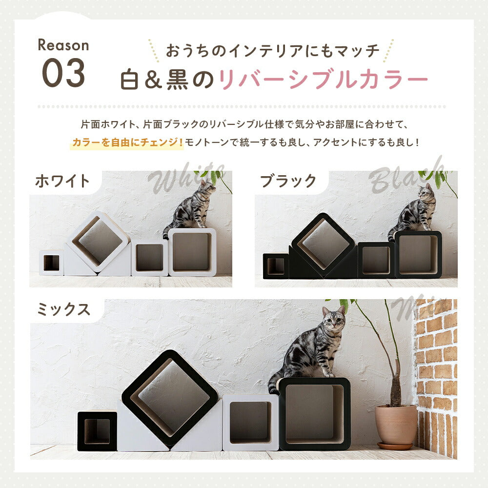 Reason03白と黒のリバーシブルカラー。片面ホワイト・片面ブラックで気分や部屋に合わせて変えられ、ホワイト・ブラック・ミックスの3パターンをそれぞれ猫と一緒に撮影した写真で比較