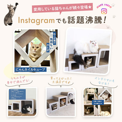 Instagramでも話題沸騰、愛用する猫たちの投稿を紹介するコーナー。ひし形の爪とぎに顔を出す猫や複数のキューブで遊ぶ猫など、ユーザー投稿写真6枚