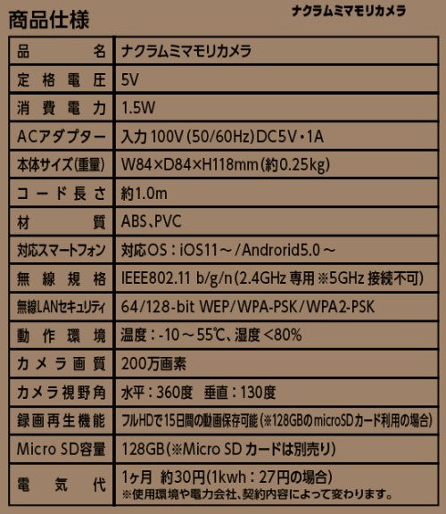 商品仕様表。定格電圧5V、消費電力1.5W、本体サイズW84×D84×H118mm(約0.25kg)、コード長さ約1.0m、カメラ画質200万画素、視野角水平360度・垂直130度、フルHDで15日間録画可能(microSDカード128GB利用時)、