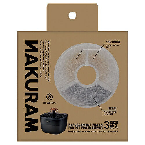 NAKURAM オートフィーダー＆ファウンテン用交換フィルターのパッケージ。3層構造でイオン交換樹脂がカルシウムを除去、活性炭がカルキ臭・匂いを除去する仕組みを図解、3枚入り