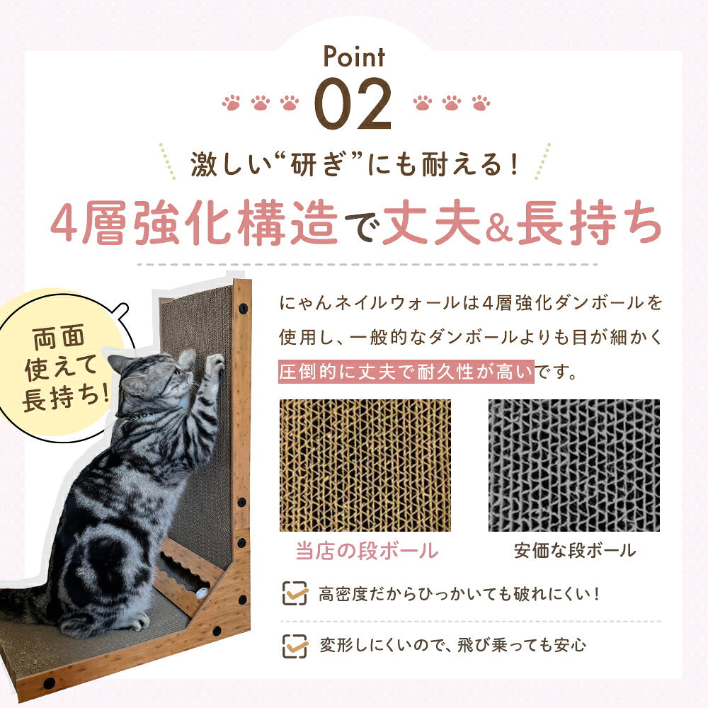 Point02「4層強化構造で丈夫&長持ち」。4層強化ダンボールと安価な段ボールの目の細かさを比較写真で示し、両面使えて長持ちすると説明。