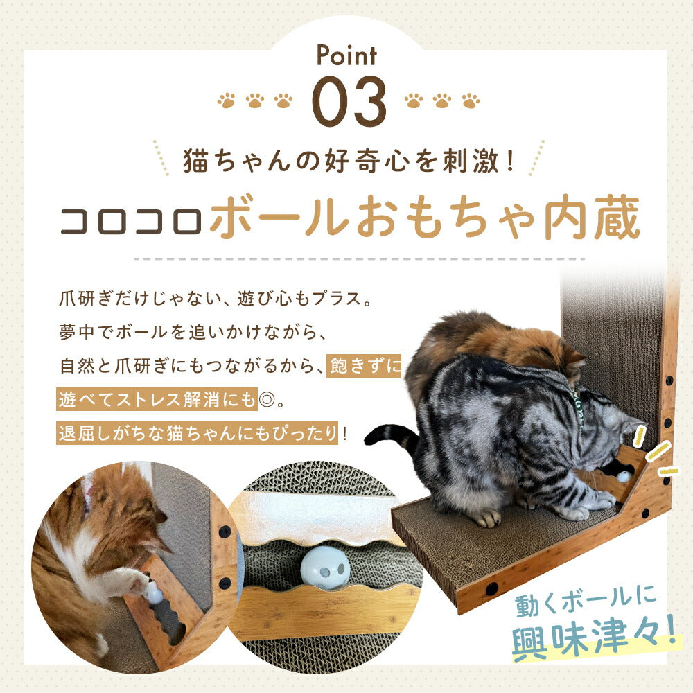 Point03「コロコロボールおもちゃ内蔵」。本体側面の穴に入ったボールで遊ぶ猫と、前足でボールを転がすアップ写真を紹介。