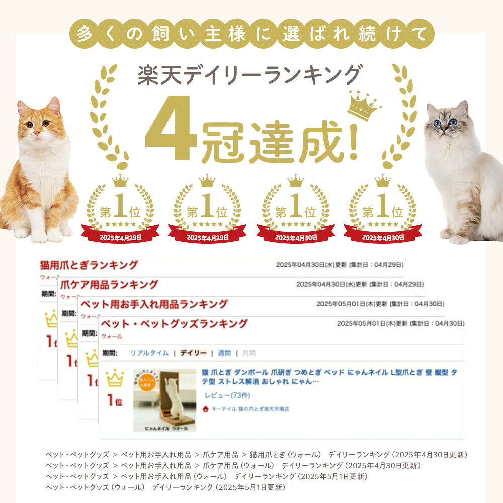 猫用爪とぎ関連の複数部門で1位を獲得した実績を紹介。左右にオレンジ猫と白い長毛猫の写真、中央に受賞バッジと関連ページのキャプチャ画像。