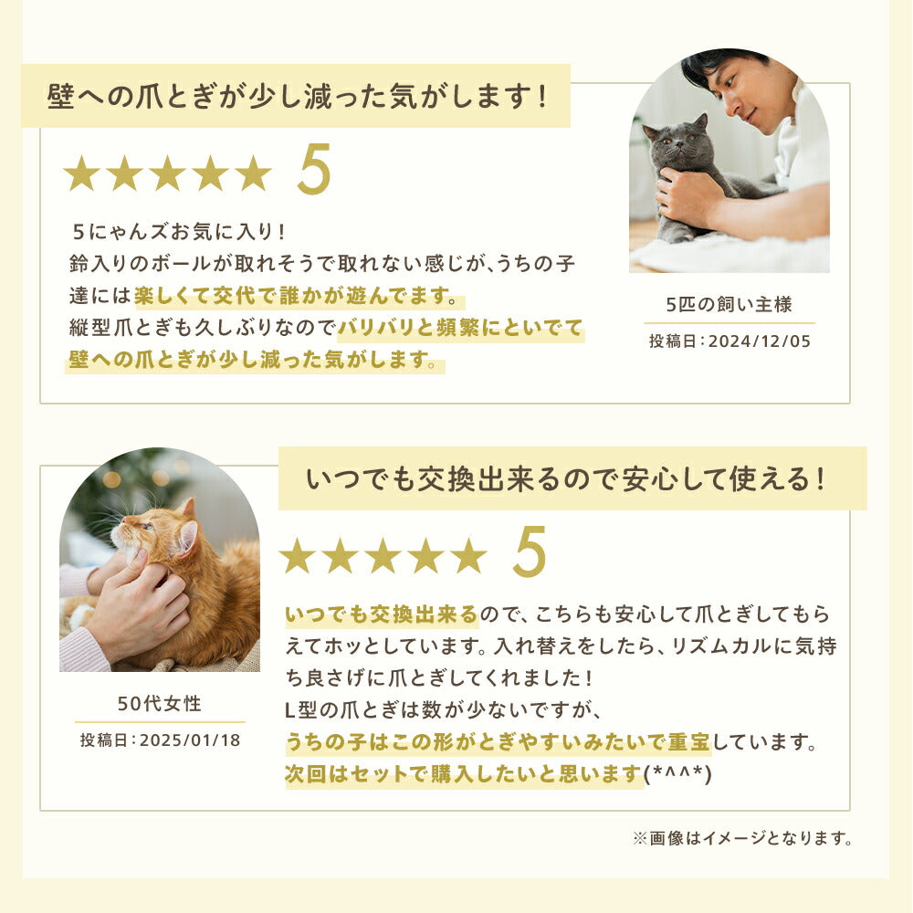 猫を抱く男性と猫に頬ずりされる女性の写真とともに、壁への爪とぎが減った、交換用ボードでいつでも交換でき安心して使えるという利用者の感想を紹介。