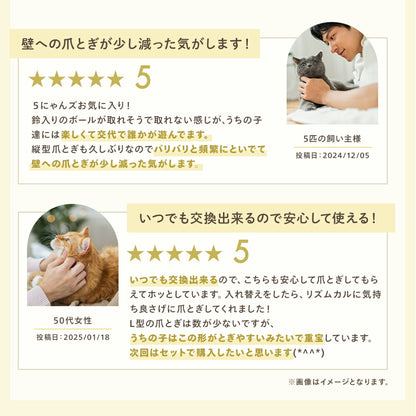 猫を抱く男性と猫に頬ずりされる女性の写真とともに、壁への爪とぎが減った、交換用ボードでいつでも交換でき安心して使えるという利用者の感想を紹介。