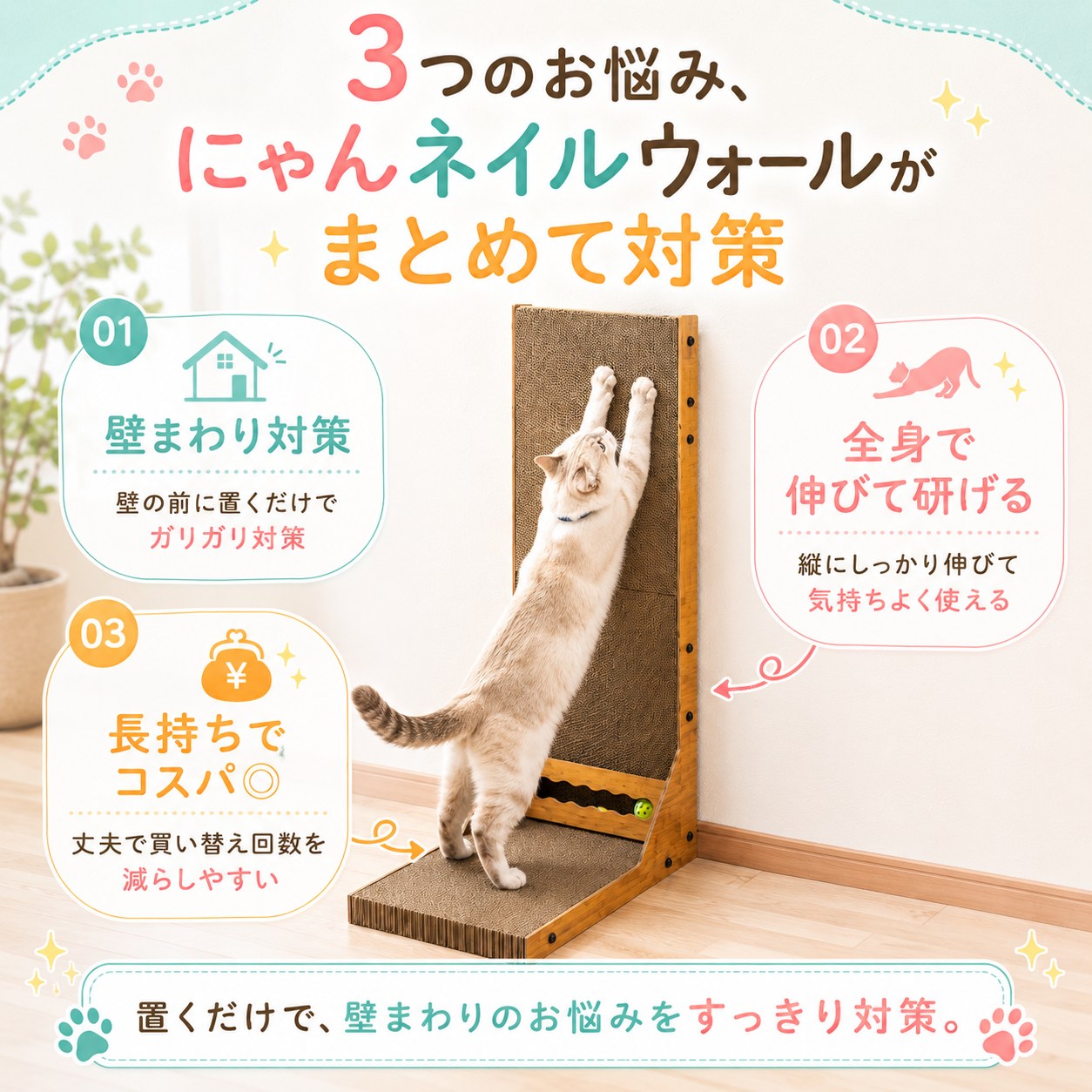 3つの悩みをまとめて対策する紹介。01壁まわり対策=置くだけでガリガリ対策、02全身で伸びて研げる、03長持ちでコスパ◎=買い替え回数を減らせる、の3項目。
