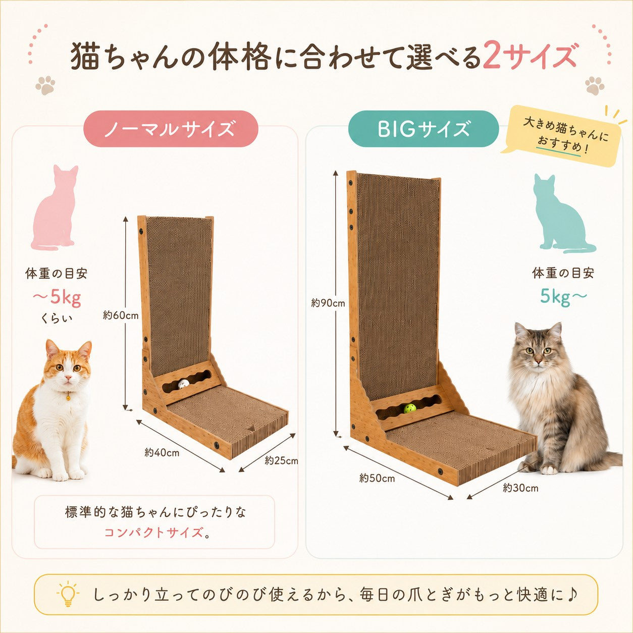 体格に合わせて選べる2サイズの比較図。ノーマルサイズは体重目安〜5kg・高さ約60cm×幅約40cm×奥行約25cm、BIGサイズは体重目安5kg〜・高さ約90cm×幅約50cm×奥行約30cm。