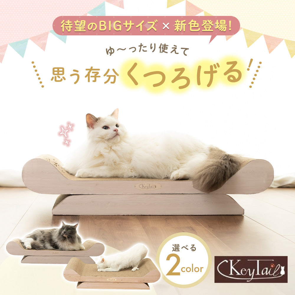 「待望のBIGサイズ×新色登場！ゆ〜ったり使えて思う存分くつろげる！」の見出し。特大ソファ型爪とぎに横たわる白猫と、選べる2colorの表記、キーテイルのロゴ