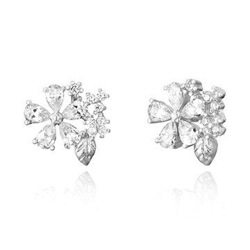 WING BLINGのルアの庭ピアス。左に花モチーフのローズゴールド・シルバー・ゴールド3色の商品写真、右は耳元にクリスタルの花ピアスをつけた女性。「ルアの庭(ピアス) 大人のかわいい、耳もとに。」の文字