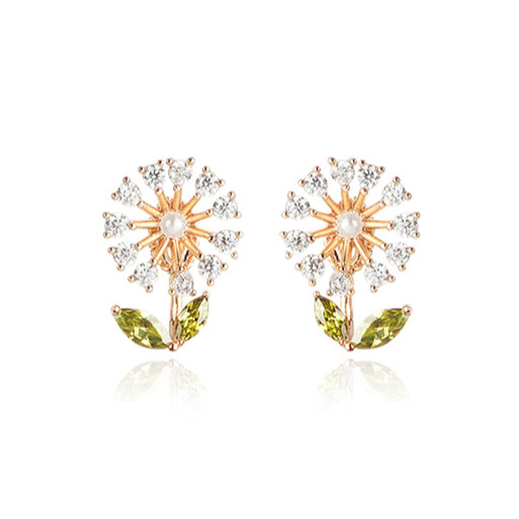 WING BLINGのエリーゼフラワーピアス紹介。花モチーフに中央パールをあしらった3色展開(Gold・Rose Gold・Silver)を並べて比較、右側は耳に着けた着用例。可愛くてさりげなくて品があるとのコピー