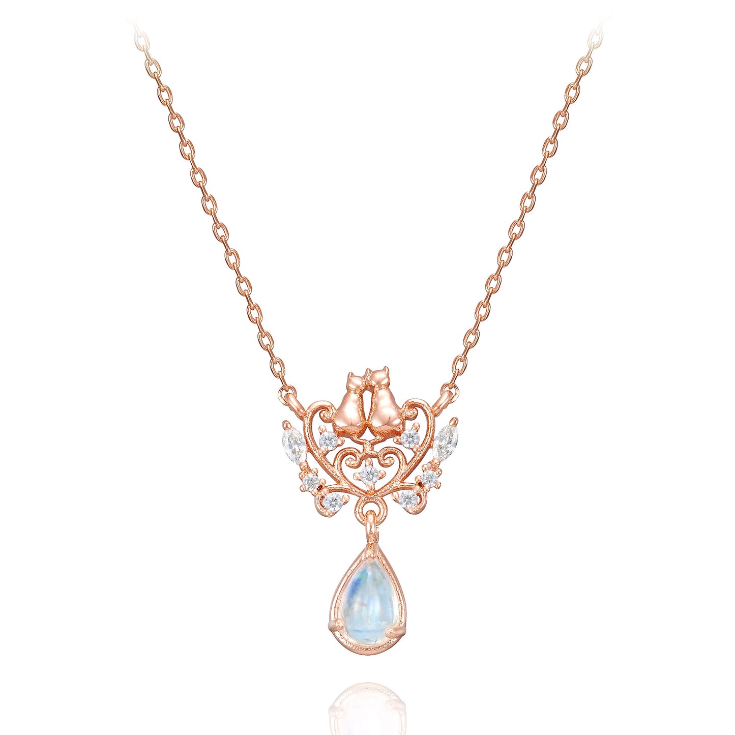 WING BLING正規代理店。ロマンティックキャットネックレスのRose GoldとSilverの2色見本、雫型の石が付いた猫モチーフのペンダントとチェーンをアップで表示。右側は着用モデルの首元アップ。アジャスターで長さ調整可能、「大人の胸元にとき