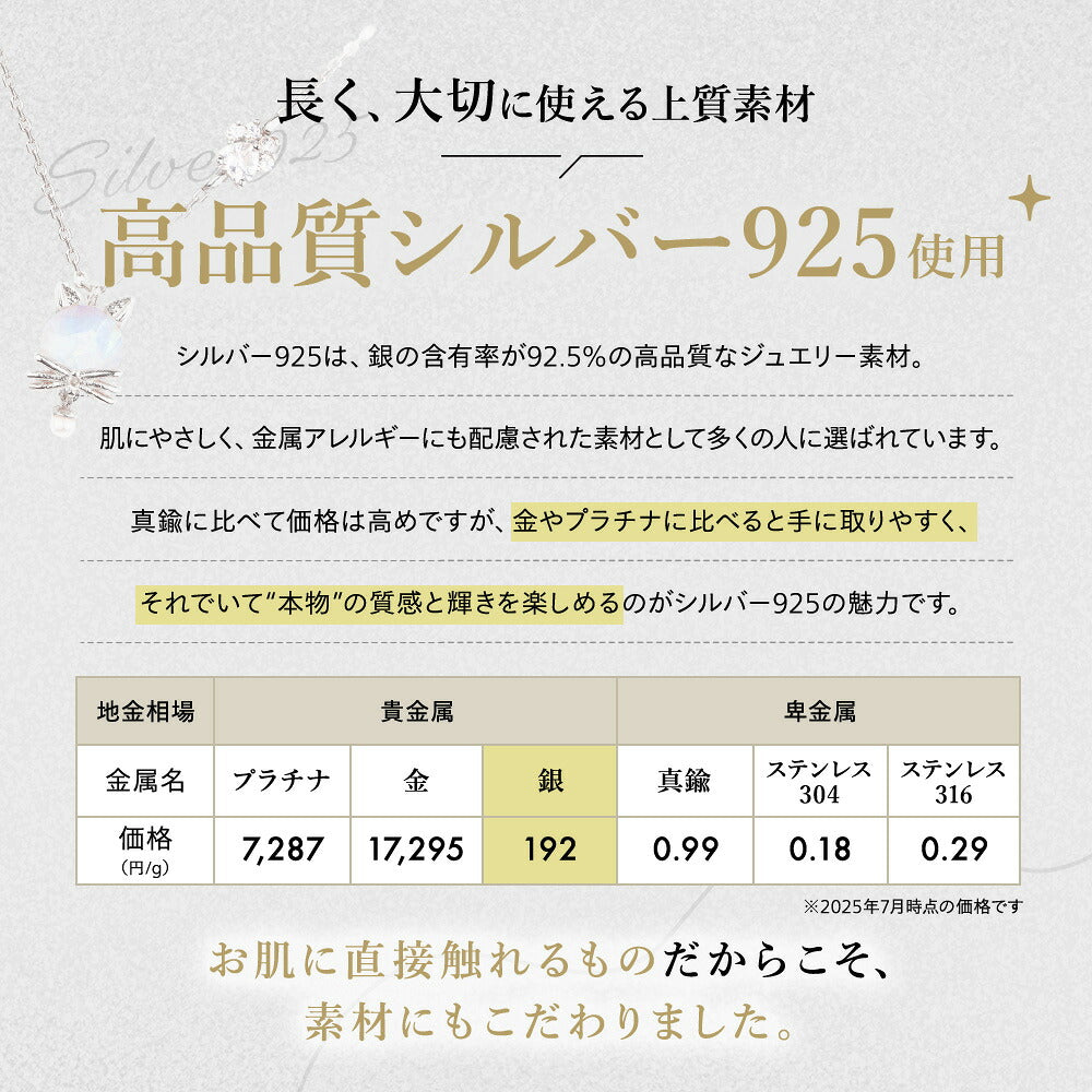 素材説明。高品質シルバー925使用、含有率92.5%の高品質ジュエリー素材で肌にやさしく金属アレルギーに配慮。地金相場比較表でプラチナ7,287円/g・金17,295円/g・銀192円/g・真鍮0.99円/gなどを掲載