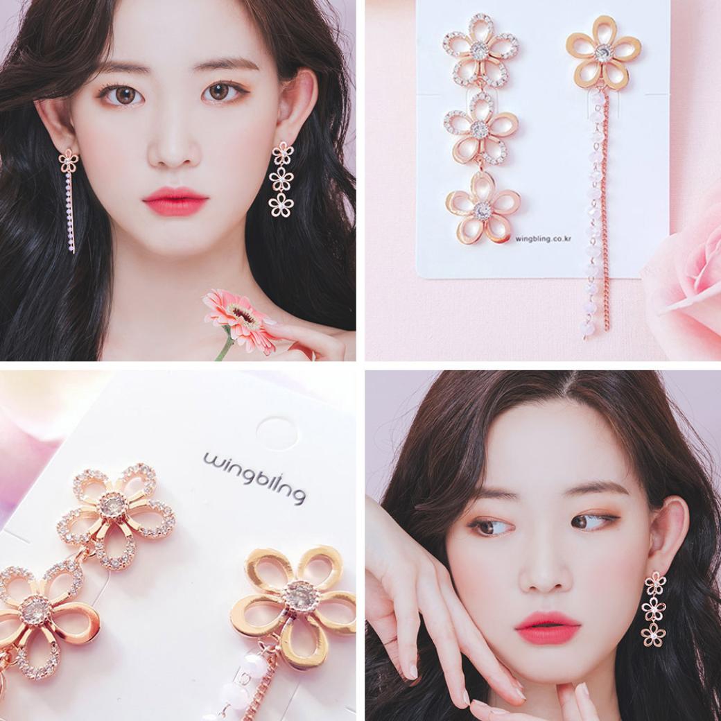 4カットのコラージュ。モデル着用の横顔2点、台紙に留めたピアス2種の商品写真、wingbling台紙のクローズアップで花モチーフのディテールを紹介