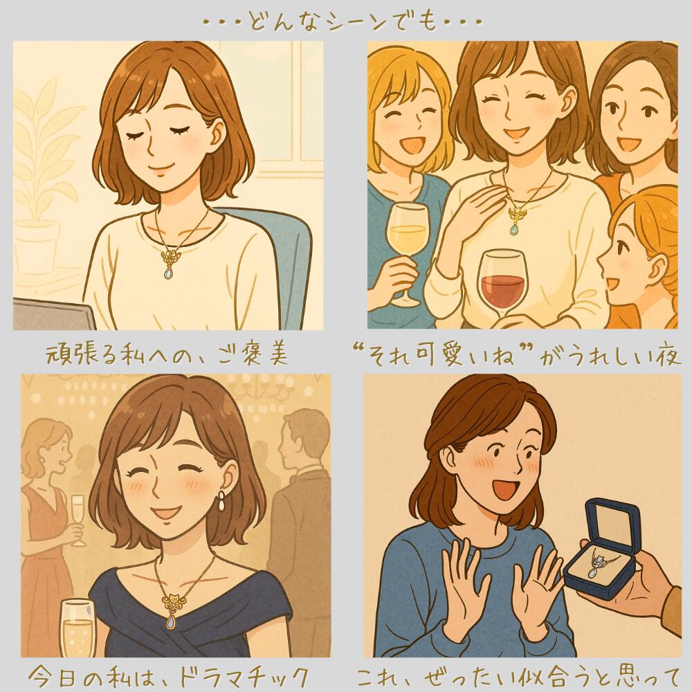 どんなシーンでも似合うことを伝える4コマイラスト。仕事中の自分へのご褒美、女子会で褒められる夜、パーティーでのドラマチックな装い、プレゼントに贈られて喜ぶ様子を描いたイラスト
