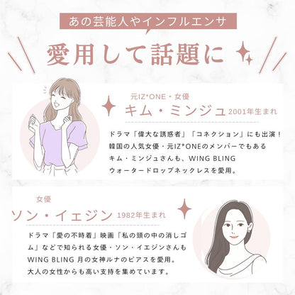 韓国の芸能人・インフルエンサーが愛用し話題という紹介。元IZ*ONEのキム・ミンジュ(2001年生まれ)がウォータードロップネックレスを、女優ソン・イェジン(1982年生まれ)が月の女神ルナのピアスを愛用しているというイラストと説明
