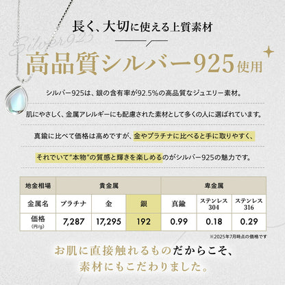 「高品質シルバー925使用」の見出し。銀含有率92.5%で金属アレルギーに配慮した素材と説明し、プラチナ7,287円・金17,295円・銀192円・真鍮0.99円など地金相場の比較表を掲載。