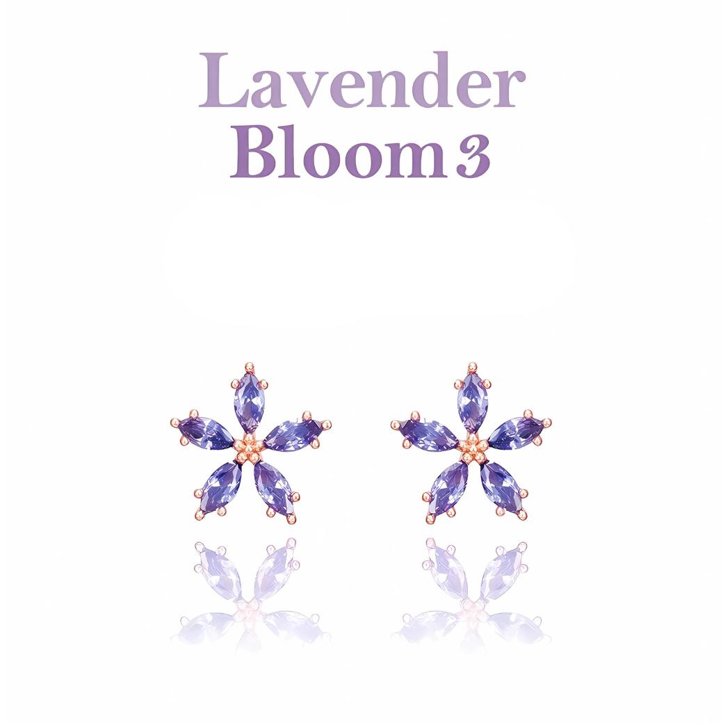 「Lavender Bloom3」の文字とともに1輪Typeイヤリングを白背景に鏡面反射で配置したカット