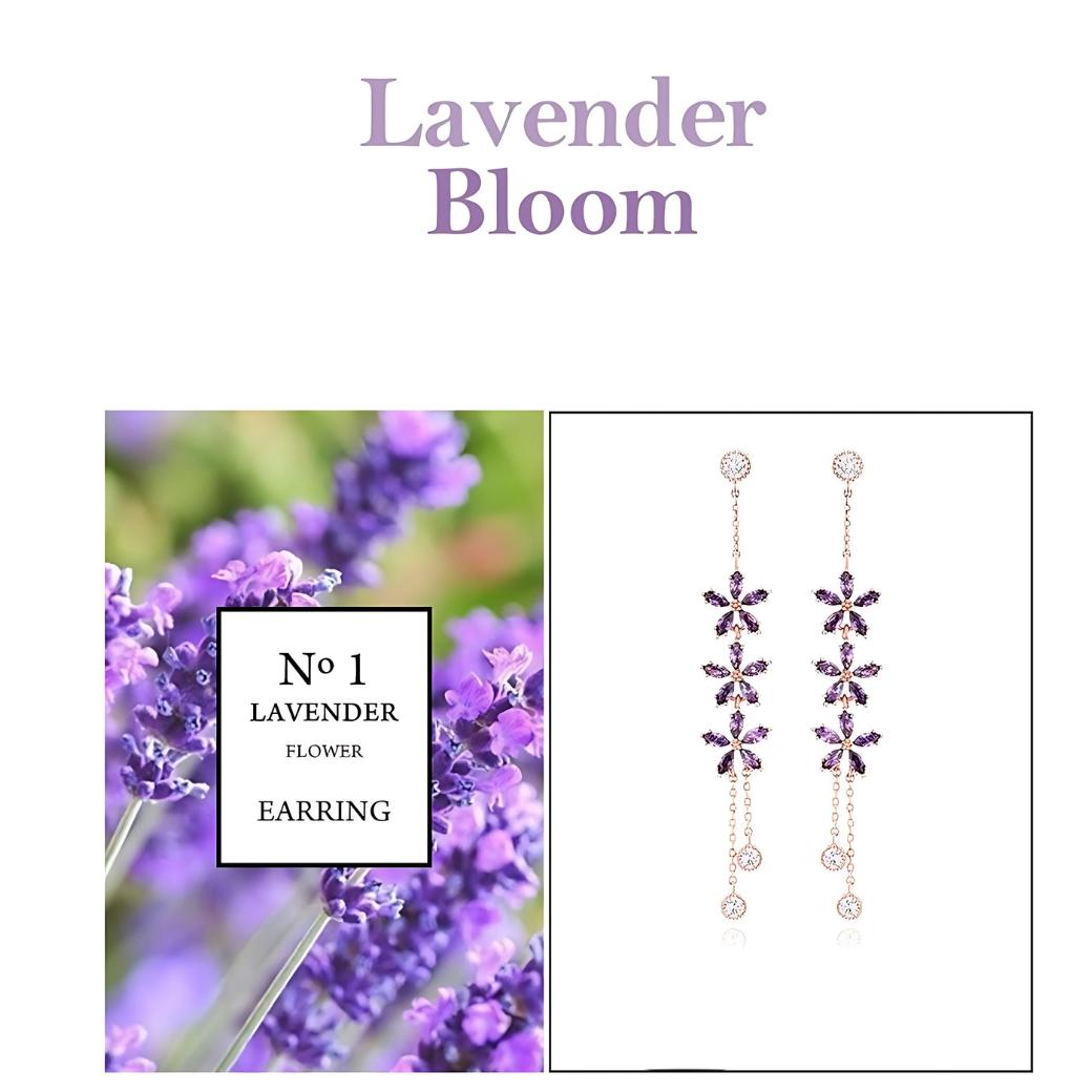 「Lavender Bloom」の文字と、ラベンダー畑の写真に「No1 LAVENDER FLOWER EARRING」のカード、隣に3輪Typeイヤリングを白背景で配置した4分割構成