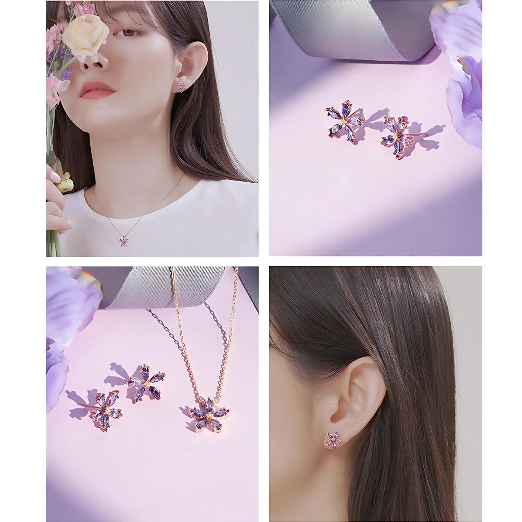 花を持つ女性の1輪Typeイヤリング着用カット、単体の質感アップ、同デザインのネックレスとセットで並べたカット、耳元アップの4枚組