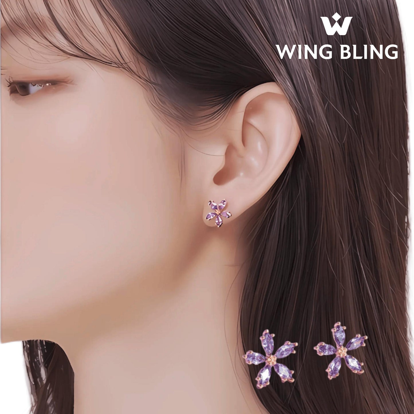 WING BLINGロゴ付きの耳のイラスト。小花ピアスを着けた耳元と、拡大した単品ピアス2つを並べた説明図