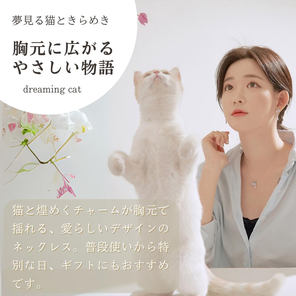 見上げる白猫と着用モデル。「夢見る猫ときらめき 胸元に広がるやさしい物語 dreaming cat」の見出しと、猫と煌めくチャームが胸元で揺れる普段使い・ギフト向けデザインの説明文
