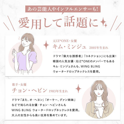「あの芸能人やインフルエンサーも!愛用して話題に」の見出し。元IZ*ONE・女優キム・ミンジュ(2001年生まれ)と歌手・女優チョン・ヘビン(1983年生まれ)のイラスト付き愛用紹介