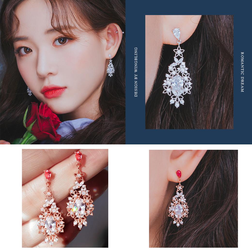 モデルの顔とバラのカット、耳元着用アップ、手のひらのRose Gold単体写真を組み合わせたコラージュ。ROMANTIC DREAM DESIGN BY WINGBLINGの文字入り