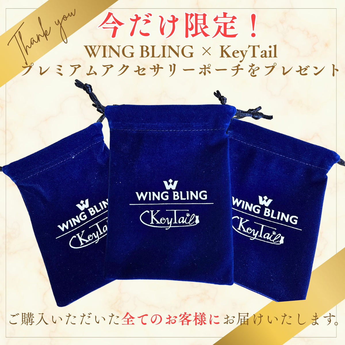 「今だけ限定！WING BLING×KeyTailプレミアムアクセサリーポーチをプレゼント」の告知。ロゴ入り紺色巾着ポーチ3つが並ぶ写真とご購入者全員に届ける旨の案内文