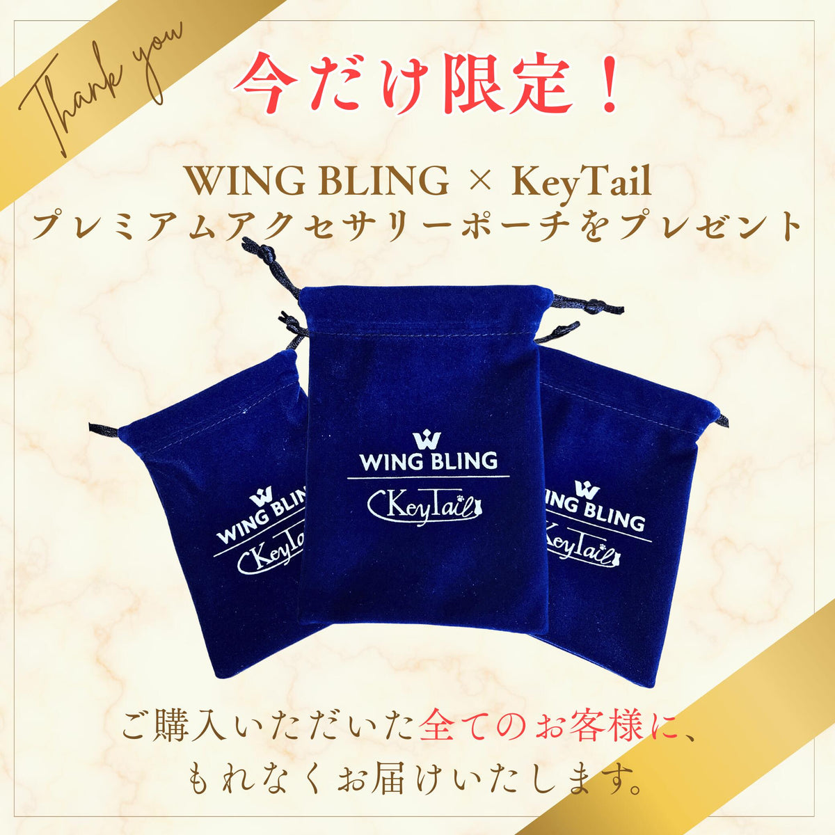 WING BLING×KeyTailのプレゼントポーチ3個。「今だけ限定！プレミアムアクセサリーポーチをプレゼント ご購入いただいた全てのお客様に、もれなくお届けいたします」の告知