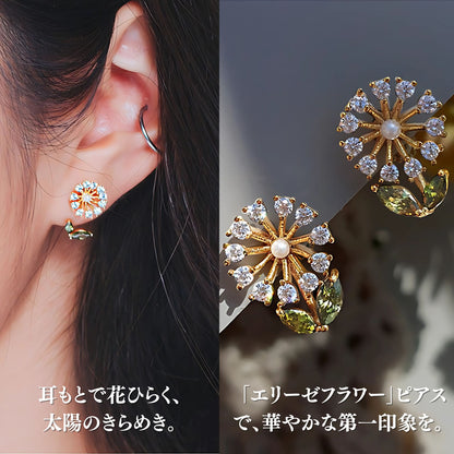 耳装着カットと単体写真の比較。「耳もとで花ひらく、太陽のきらめき」「エリーゼフラワーピアスで、華やかな第一印象を」のコピー