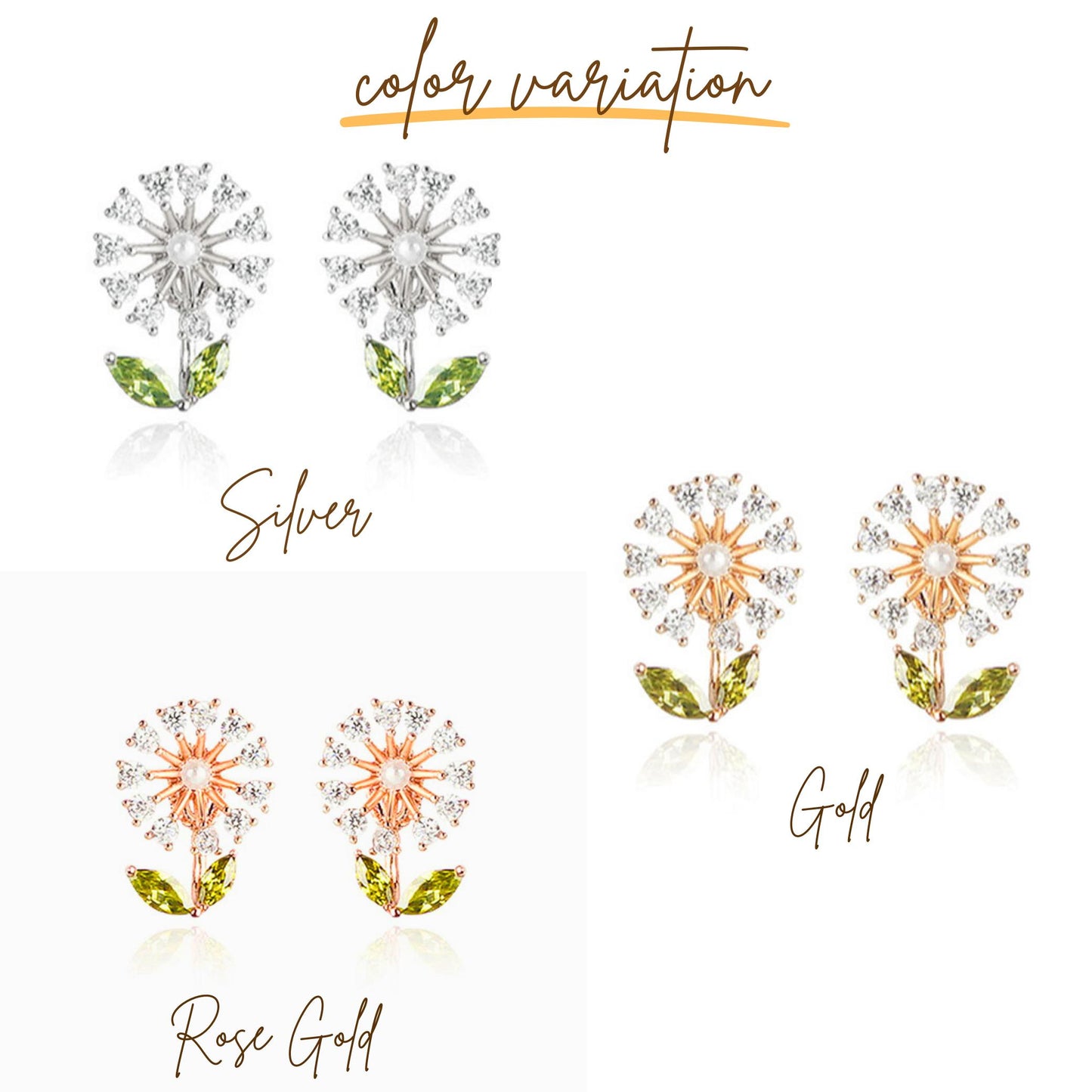 色展開の一覧図。Silver・Rose Gold・Goldの3色のピアスを並べて比較できるカラーバリエーション画像