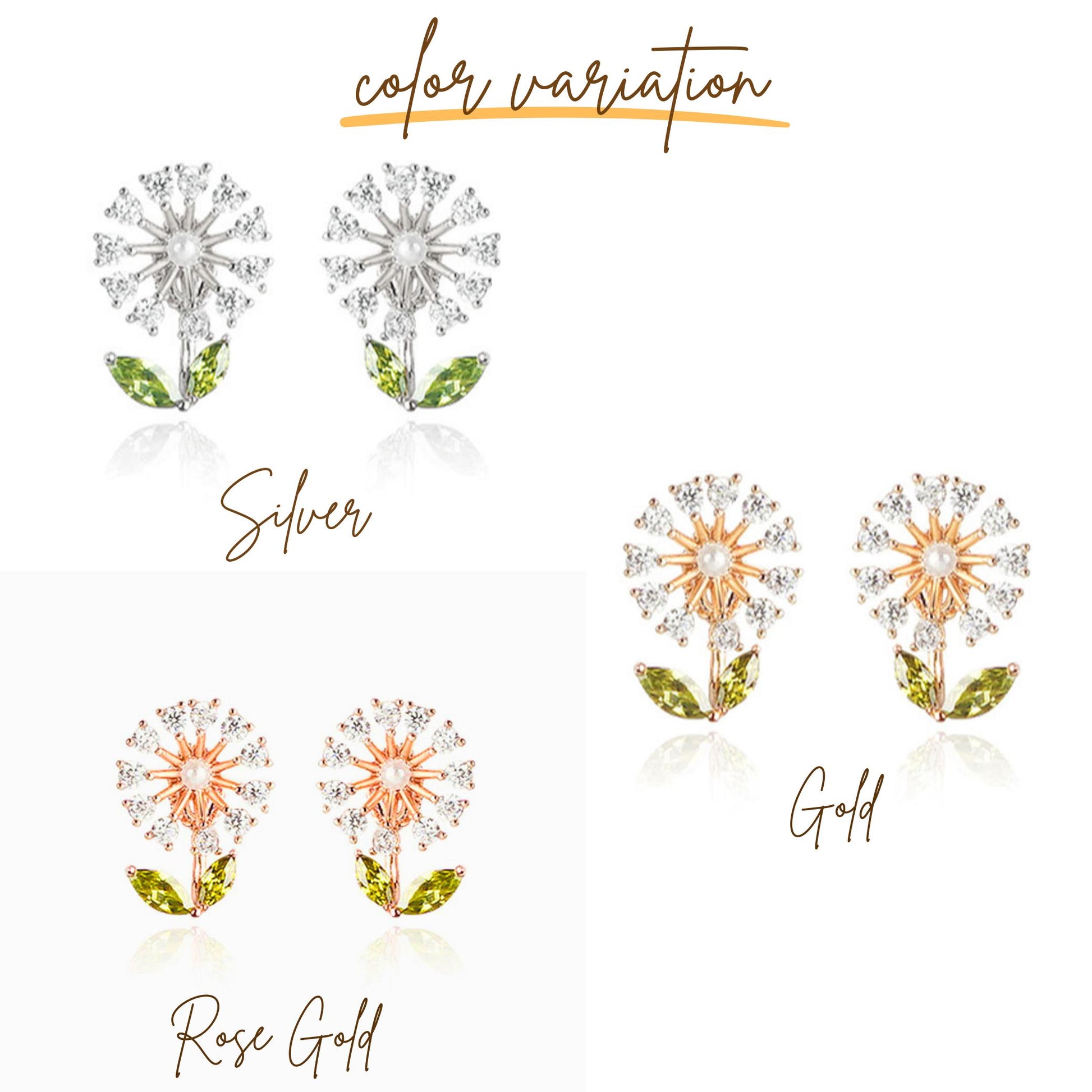 色展開の一覧図。Silver・Rose Gold・Goldの3色のピアスを並べて比較できるカラーバリエーション画像