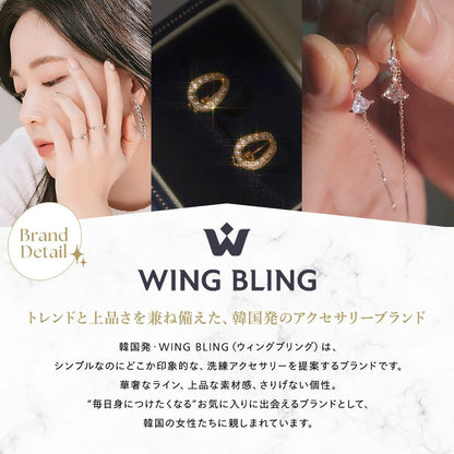 Brand Detail、WING BLINGのロゴと「トレンドと上品さを兼ね備えた、韓国発のアクセサリーブランド」の説明文。ジュエリーを着けた女性の横顔とイヤリングのアップ写真3点を配置。