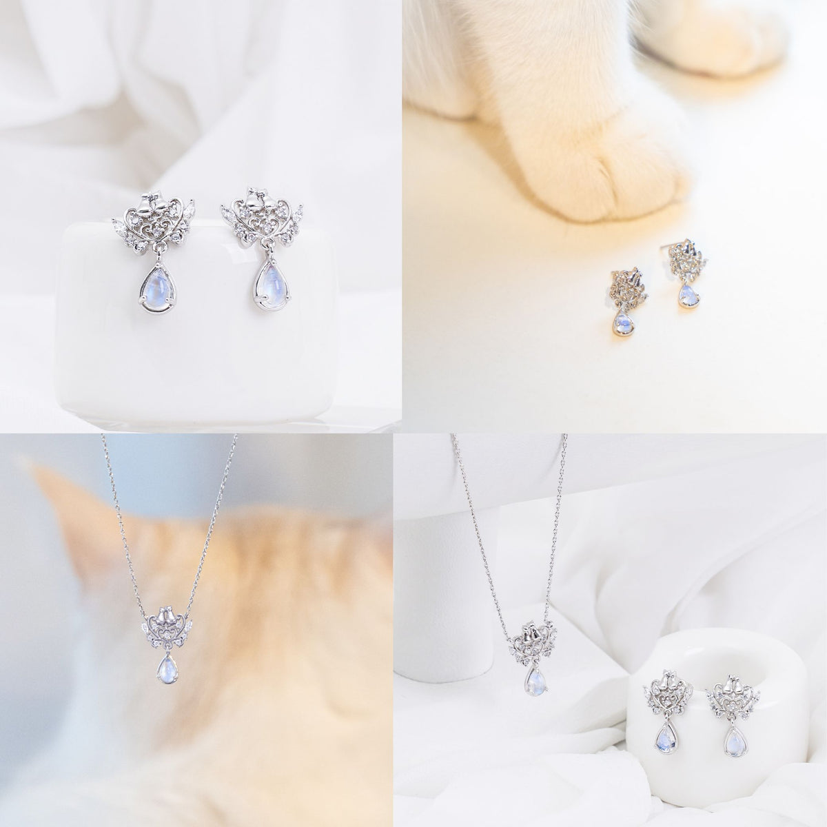 白い台座に置かれたシルバーのピアス、猫の足元に並べたピアス、猫の毛にピントを外して手前にネックレスを配置したカット、布の上でネックレスとピアスをセットで見せる構図など、シルバーカラーのディテールカット4枚組