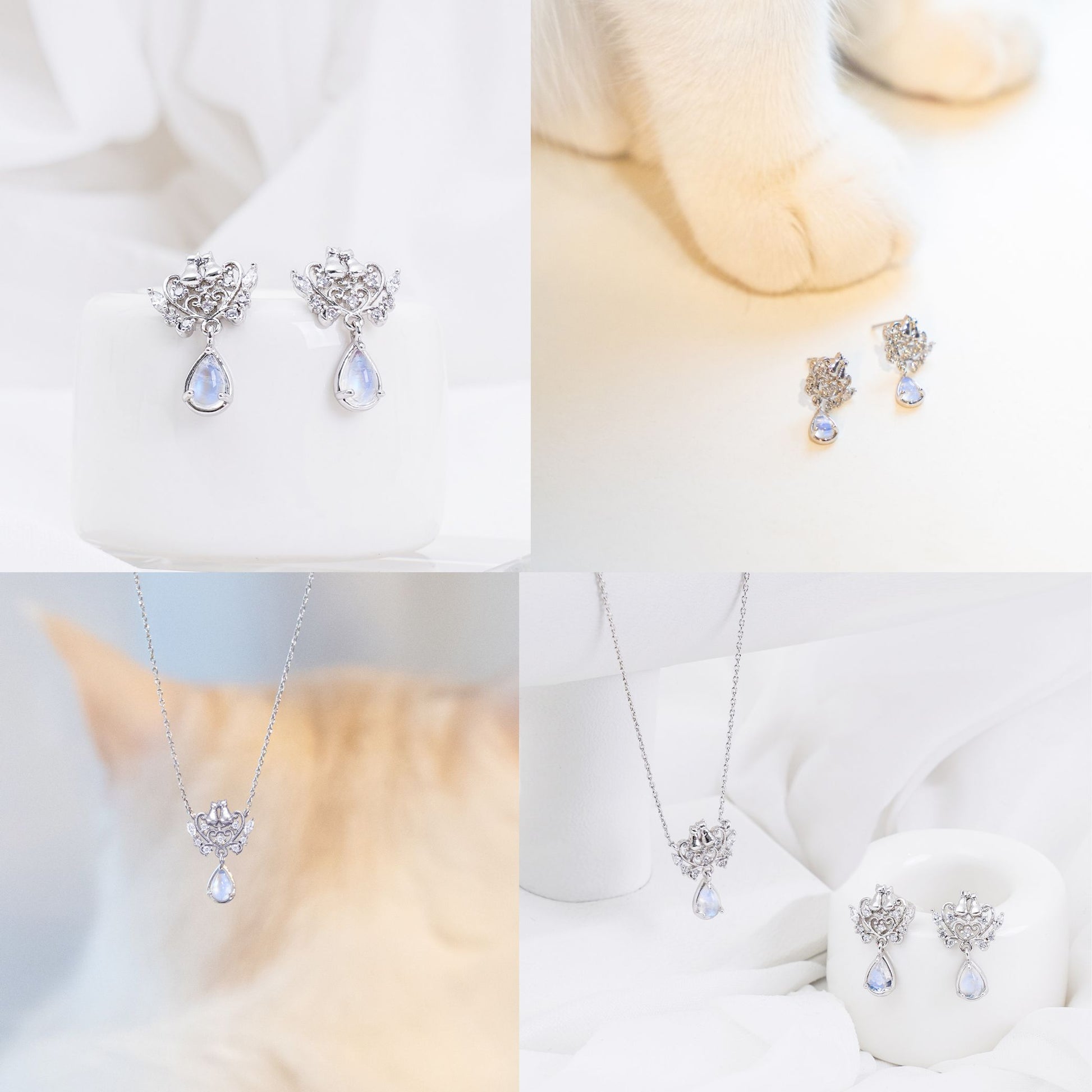 白い台座に置かれたシルバーのピアス、猫の足元に並べたピアス、猫の毛にピントを外して手前にネックレスを配置したカット、布の上でネックレスとピアスをセットで見せる構図など、シルバーカラーのディテールカット4枚組