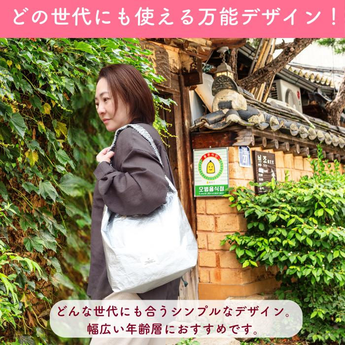 「どの世代にも使える万能デザイン」。韓国の伝統家屋の前でシルバーのバッグを肩掛けする女性、シンプルなデザインで幅広い年齢層におすすめと紹介