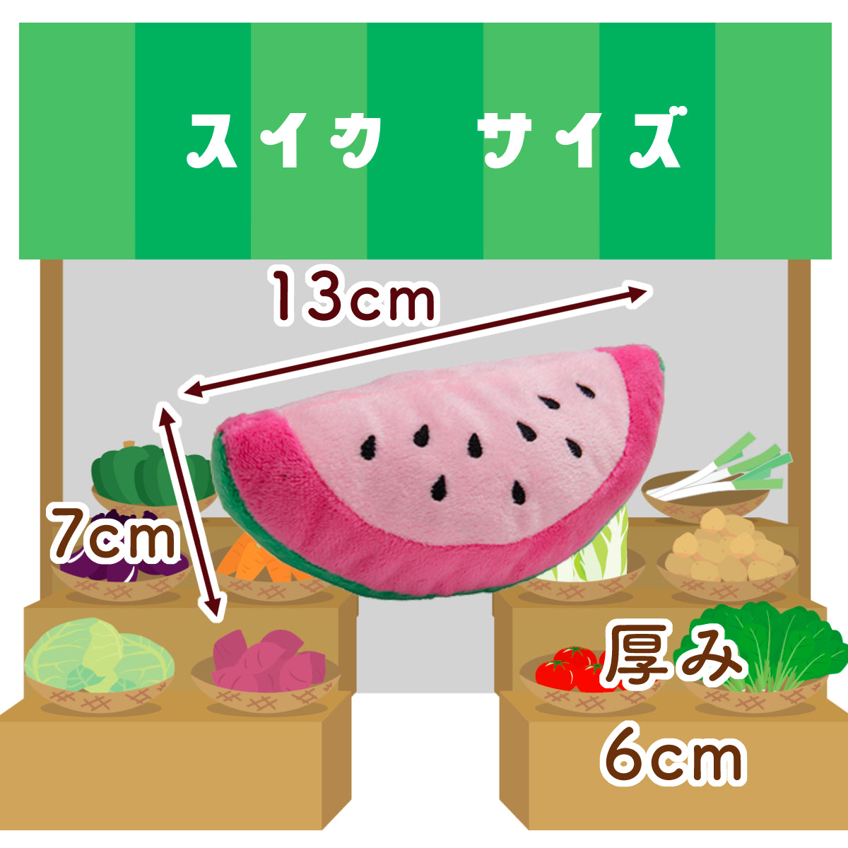 スイカ型ぬいぐるみのサイズ図。八百屋風イラストを背景に、幅13cm×高さ7cm、厚み6cmの数値を矢印で表示。