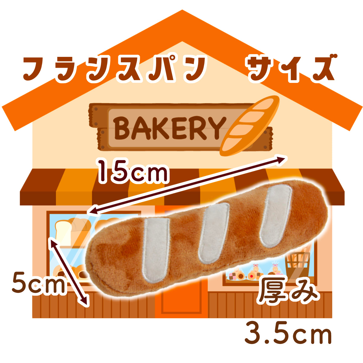 フランスパン型ぬいぐるみのサイズ図。パン屋風イラストを背景に、長さ15cm×高さ5cm、厚み3.5cmの数値を矢印で表示。